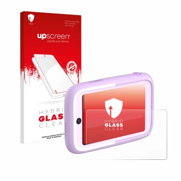 Face avant d’un emballage produit avec le logo de la marque upscreen. À côté, l’appareil Myfirst Camera 50 est représenté avec