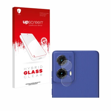 Face avant d’un emballage produit avec le logo de la marque upscreen. À côté, l’appareil Motorola Moto G85 (Caméra UNIQUEMENT)