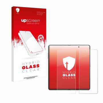Face avant d’un emballage produit avec le logo de la marque upscreen. À côté, l’appareil Honor Magic V3 (inneres Display) est 