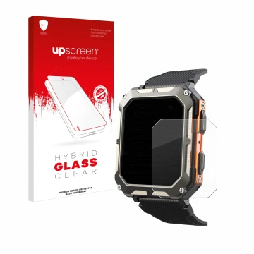 Face avant d’un emballage produit avec le logo de la marque upscreen. À côté, l’appareil Findtime Smartwatch 1.83
