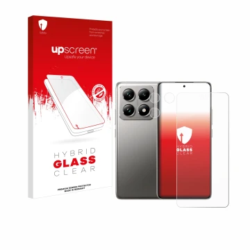 Face avant d’un emballage produit avec le logo de la marque upscreen. À côté, l’appareil Xiaomi 14T Pro (Avant+Caméra) est rep