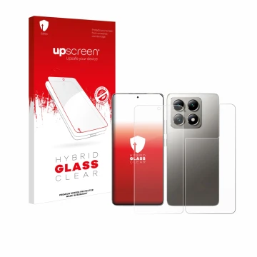 Face avant d’un emballage produit avec le logo de la marque upscreen. À côté, l’appareil Xiaomi 14T Pro (Avant+Arrière) est re