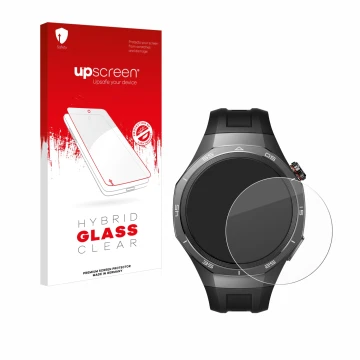 Face avant d’un emballage produit avec le logo de la marque upscreen. À côté, l’appareil Huawei Watch GT 5 Pro (46 mm) est rep
