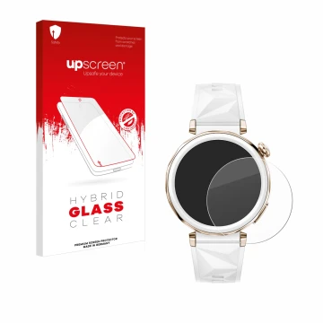 Face avant d’un emballage produit avec le logo de la marque upscreen. À côté, l’appareil Huawei Watch GT 5 Pro (42 mm) est rep