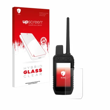 Face avant d’un emballage produit avec le logo de la marque upscreen. À côté, l’appareil Garmin Alpha 300 K est représenté ave