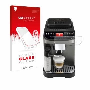 Face avant d’un emballage produit avec le logo de la marque upscreen. À côté, l’appareil DeLonghi Magnifica Evo Next est repré