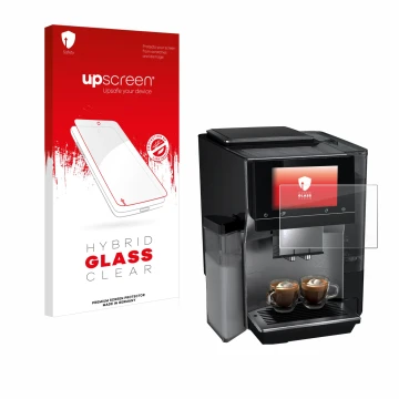 Face avant d’un emballage produit avec le logo de la marque upscreen. À côté, l’appareil Siemens EQ700 est représenté avec la 