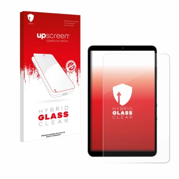 Face avant d’un emballage produit avec le logo de la marque upscreen. À côté, l’appareil Alldocube iPlay 60 mini Turbo est rep