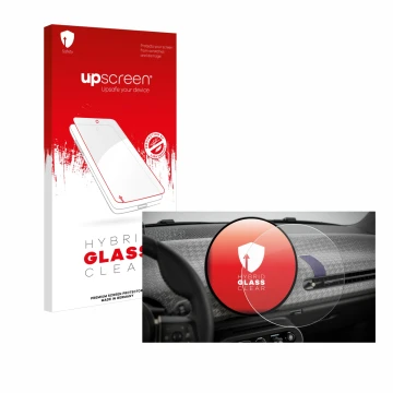 Face avant d’un emballage produit avec le logo de la marque upscreen. À côté, l’appareil Mini Cooper Electric BJ 2024 est repr