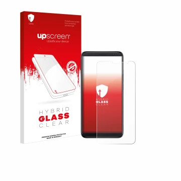 Face avant d’un emballage produit avec le logo de la marque upscreen. À côté, l’appareil TCL 403 est représenté avec la protec