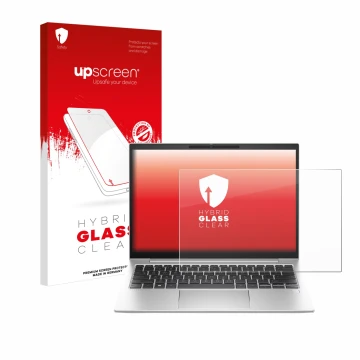 Face avant d’un emballage produit avec le logo de la marque upscreen. À côté, l’appareil HP EliteBook 830 G11 est représenté a