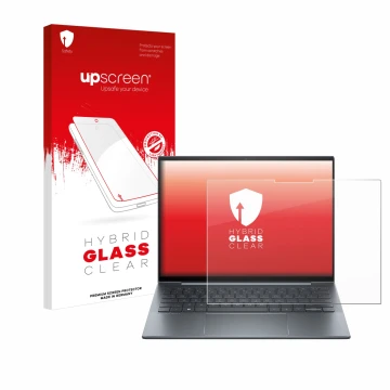 Face avant d’un emballage produit avec le logo de la marque upscreen. À côté, l’appareil HP Dragonfly 13.5