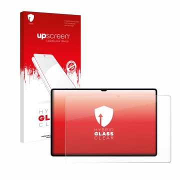 Face avant d’un emballage produit avec le logo de la marque upscreen. À côté, l’appareil Samsung Galaxy Tab S10 Ultra WiFi est