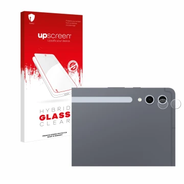Face avant d’un emballage produit avec le logo de la marque upscreen. À côté, l’appareil Samsung Galaxy Tab S10 Plus 5G (Camér