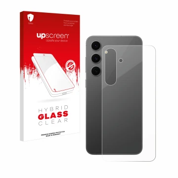 Face avant d’un emballage produit avec le logo de la marque upscreen. À côté, l’appareil Samsung Galaxy S24 FE (Arrière) est r