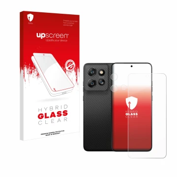 Face avant d’un emballage produit avec le logo de la marque upscreen. À côté, l’appareil Motorola ThinkPhone 25 (Avant+Caméra)