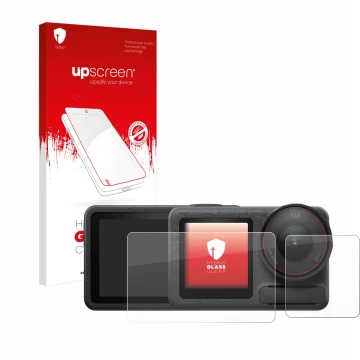 Face avant d’un emballage produit avec le logo de la marque upscreen. À côté, l’appareil DJI Osmo Action 5 Pro (case-friendly)