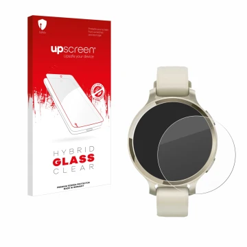 Face avant d’un emballage produit avec le logo de la marque upscreen. À côté, l’appareil Garmin Lily 2 Active est représenté a