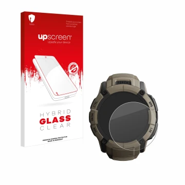 Face avant d’un emballage produit avec le logo de la marque upscreen. À côté, l’appareil Garmin Instinct 2X Solar Tactical Edi