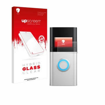 Face avant d’un emballage produit avec le logo de la marque upscreen. À côté, l’appareil Ring Video Doorbell 3 Plus est représ