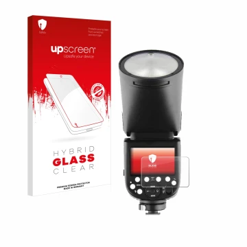 Face avant d’un emballage produit avec le logo de la marque upscreen. À côté, l’appareil Godox TT685 II est représenté avec la