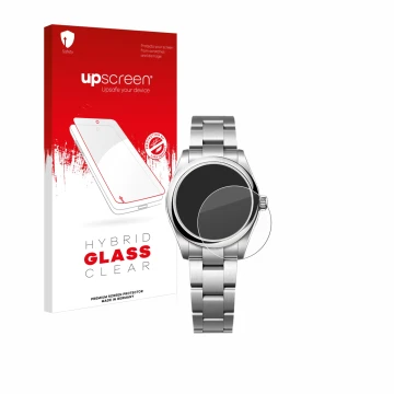 Face avant d’un emballage produit avec le logo de la marque upscreen. À côté, l’appareil Rolex Oyster Perpetual 31 est représe