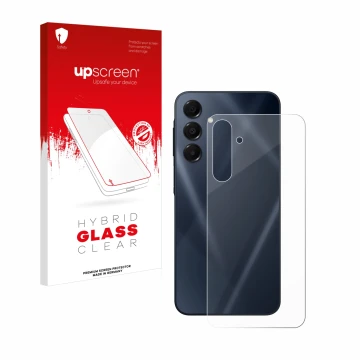 Face avant d’un emballage produit avec le logo de la marque upscreen. À côté, l’appareil Samsung Galaxy A16 5G (Arrière) est r