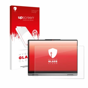 Face avant d’un emballage produit avec le logo de la marque upscreen. À côté, l’appareil Lenovo IdeaPad 5x 2-in-1 Gen 9 14