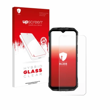 Face avant d’un emballage produit avec le logo de la marque upscreen. À côté, l’appareil Doogee V Max Plus est représenté avec
