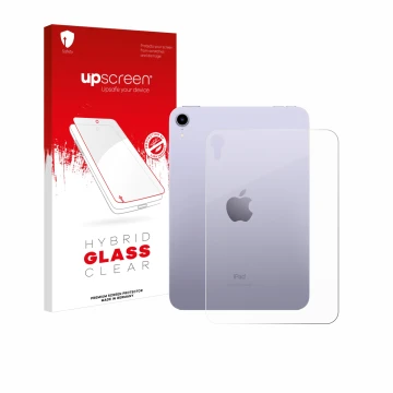 Face avant d’un emballage produit avec le logo de la marque upscreen. À côté, l’appareil Apple iPad Mini 7 WiFi 2024 (Arrière)