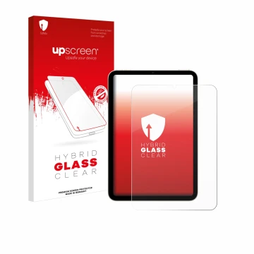 Face avant d’un emballage produit avec le logo de la marque upscreen. À côté, l’appareil Apple iPad Mini 7 2024 est représenté