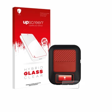 Face avant d’un emballage produit avec le logo de la marque upscreen. À côté, l’appareil Garmin inReach Messenger Plus est rep