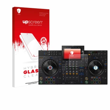Face avant d’un emballage produit avec le logo de la marque upscreen. À côté, l’appareil AlphaTheta XDJ-AZ est représenté avec