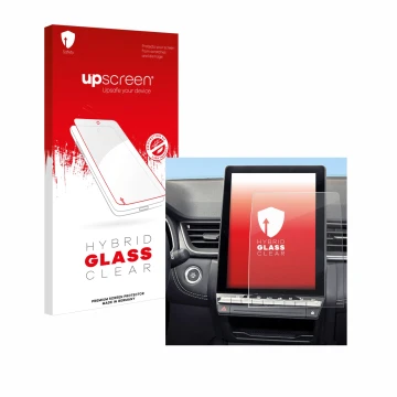 Face avant d’un emballage produit avec le logo de la marque upscreen. À côté, l’appareil Renault Symbioz 2024 est représenté a