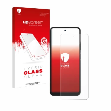 Face avant d’un emballage produit avec le logo de la marque upscreen. À côté, l’appareil Hotwav Note 12 est représenté avec la