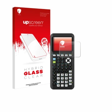 Face avant d’un emballage produit avec le logo de la marque upscreen. À côté, l’appareil Texas Instruments TI-84 Plus CE-T Pyt