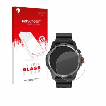Face avant d’un emballage produit avec le logo de la marque upscreen. À côté, l’appareil Mobvoi Ticwatch Atlas est représenté 