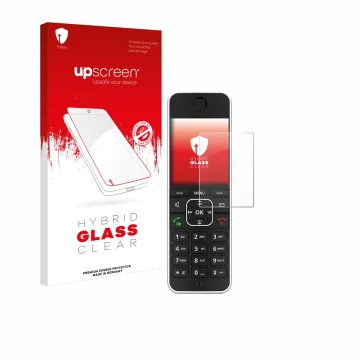 Face avant d’un emballage produit avec le logo de la marque upscreen. À côté, l’appareil AVM Fritz!Fon C6 Black est représenté