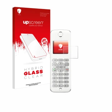 Face avant d’un emballage produit avec le logo de la marque upscreen. À côté, l’appareil AVM Fritz!Fon M2 est représenté avec 
