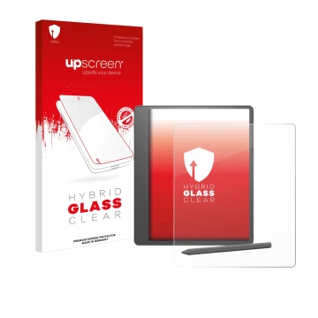 Face avant d’un emballage produit avec le logo de la marque upscreen. À côté, l’appareil Amazon Kindle Scribe 2024 est représe