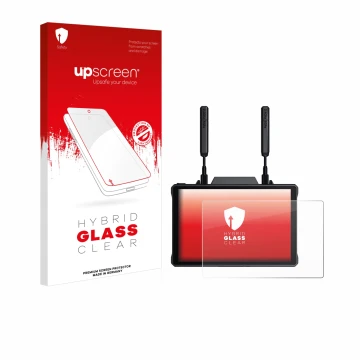 Face avant d’un emballage produit avec le logo de la marque upscreen. À côté, l’appareil Hollyland Pyro 7 est représenté avec 