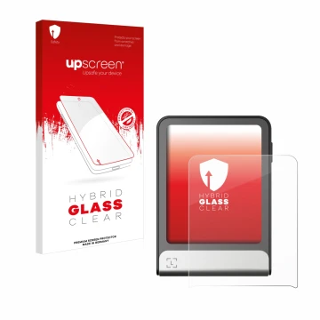 Face avant d’un emballage produit avec le logo de la marque upscreen. À côté, l’appareil Ledger Flex est représenté avec la pr