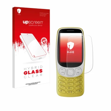 Face avant d’un emballage produit avec le logo de la marque upscreen. À côté, l’appareil Nokia 3210 est représenté avec la pro