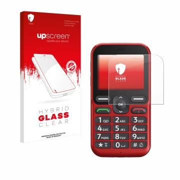 Face avant d’un emballage produit avec le logo de la marque upscreen. À côté, l’appareil Doro Leva L10 est représenté avec la 