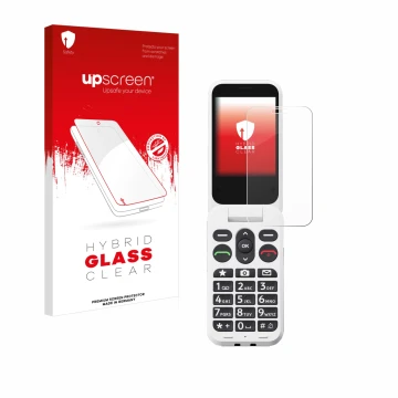Face avant d’un emballage produit avec le logo de la marque upscreen. À côté, l’appareil Doro Leva L20 est représenté avec la 