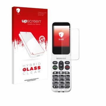 Face avant d’un emballage produit avec le logo de la marque upscreen. À côté, l’appareil Doro Leva L30 est représenté avec la 