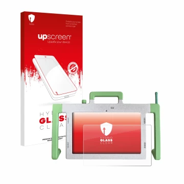 Face avant d’un emballage produit avec le logo de la marque upscreen. À côté, l’appareil Telemarie Tablet 10.1