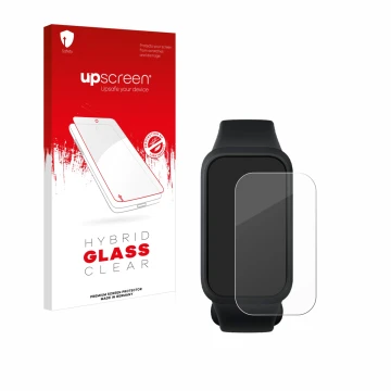 Face avant d’un emballage produit avec le logo de la marque upscreen. À côté, l’appareil Xiaomi Smart Band 9 Active est représ
