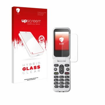 Face avant d’un emballage produit avec le logo de la marque upscreen. À côté, l’appareil Doro 2820 est représenté avec la prot