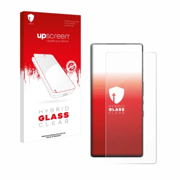 Face avant d’un emballage produit avec le logo de la marque upscreen. À côté, l’appareil ZTE Nubia Red Magic 10 Pro est représ